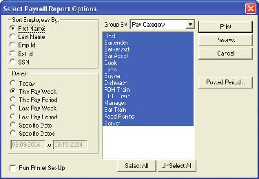 7.7 - Sort Employees, Date, and Group by Reports This screen is used to run the following reports; Weekly Labor Dollars Per Sales, Weekly Labor Dollars Per Guests, Weekly Labor Dollars Per Tickets,