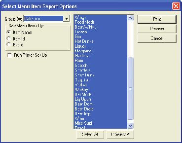7.9 - Sort Menu Items and Group By Reports This screen is used to run the following reports; Item Summary Listing, Item Details, Item Partial Details, Item Price Details, Item Price Summary, Item