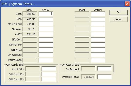 1.9 - System Totals This window shows you the total dollar amount of payments that are in the system based on POS transaction data and allows you to enter the actual amount of the non-electronically