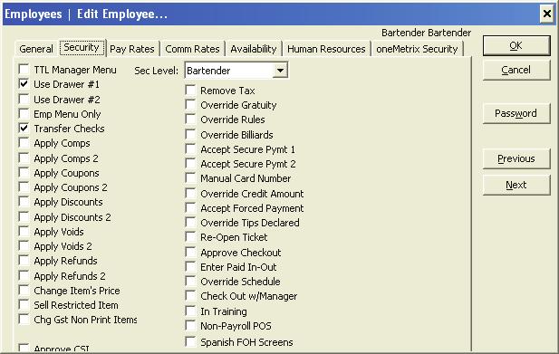 Edit - Security Tab This window allows you to change the security settings for this employee, up to but not exceeding your access level.