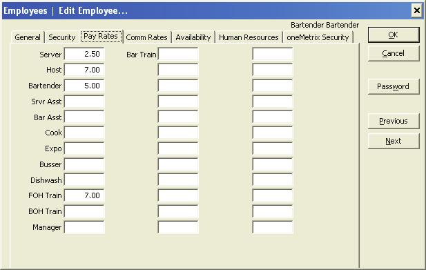 Edit - Pay Rates Tab This window allows you to set specific hourly rates of pay for the employee, based on what pay categories they are permitted to work in. An entry of 5.