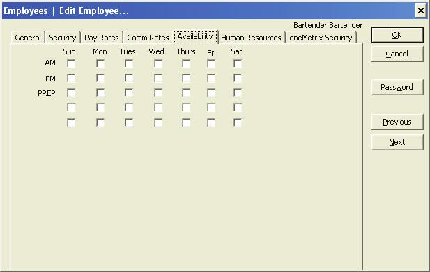 Edit - Availability Tab This window allows you to update the employee s scheduling availability by adding or removing checks from the boxes of the shifts they are available to work.