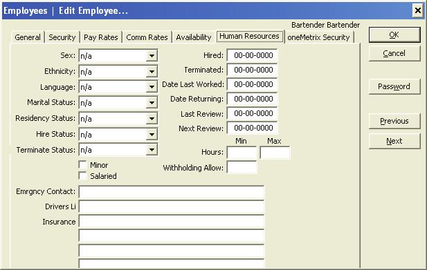 Edit - Human Resources This window allows you to update the employee s human resource information, such as their sex, marital status, date last worked etc.