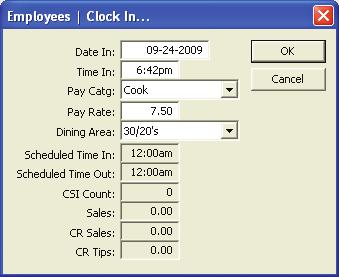 Clock In This window allows you to manually clock the highlighted employee in. This screen is used in case an employee forgets to clock into the Front of House POS Terminals.