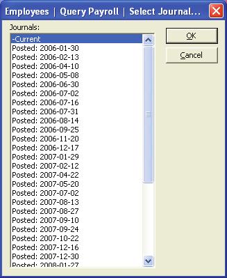 Select Journal This window lets you view a past time clock journal s entries. A list of each posting date is shown.