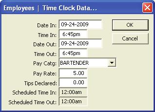 Time Clock This window allows you to manually create a time clock entry for an employee.