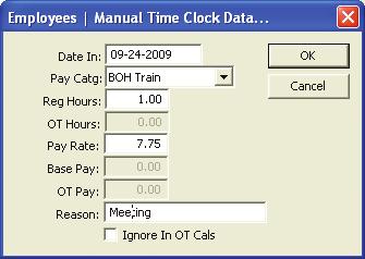 Manual TC This window allows you to enter a time clock entry for a specific amount of time or pay, without entering clock in/out information.
