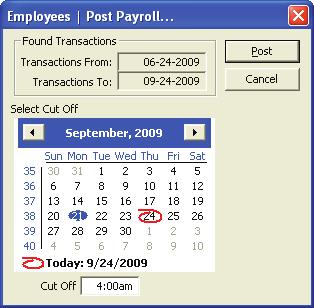 2.20 - Post Payroll This window allows you to archive time clock and employee information through the date specified.