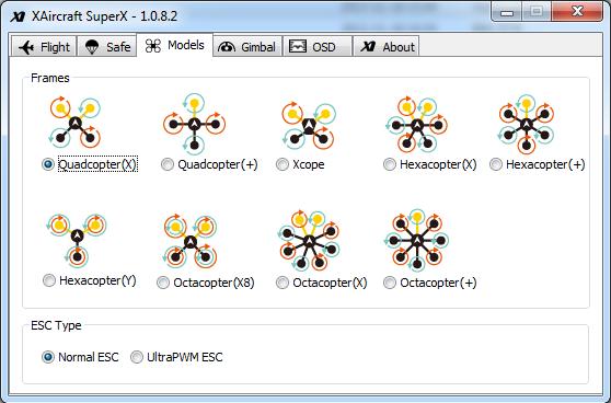 Copter Types SuperX Supports Different firmware versions can support different kinds of copter: Firmware Copter type Basic Quad copter ((X and + Style), Xcope Standard Quad copter (X and + Style)