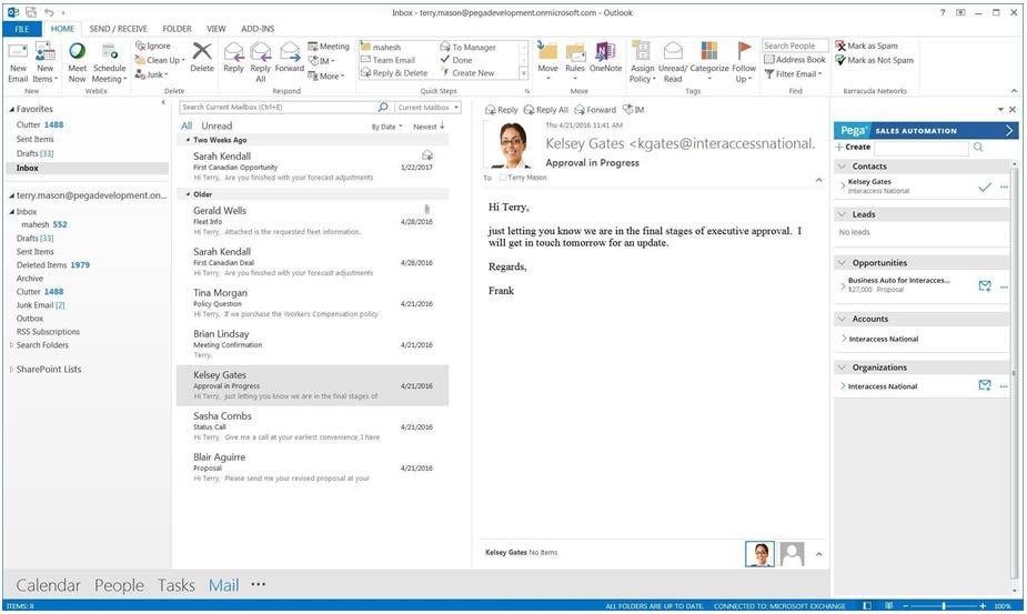 Pega for Outlook The Pega for Outlook plugin gives sales reps contextual insight into Sales Automation right from their Outlook client.