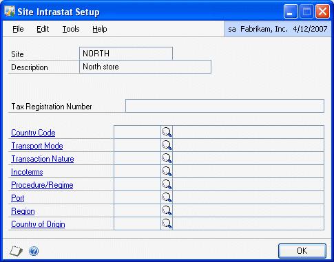 CHAPTER 1 ENHANCED INTRASTAT SETUP To enter intrastat information for sites: 1. Open the Site Intrastat Setup window. (Cards >> Inventory >> Site >> Select a site ID >> Intrastat button) 2.