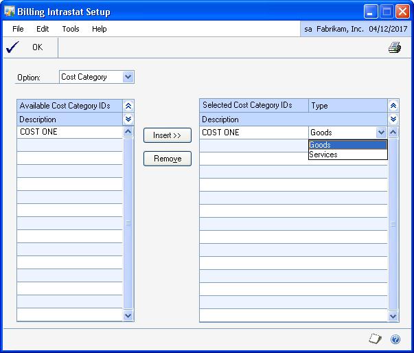 CHAPTER 1 ENHANCED INTRASTAT SETUP Classifying Project Accounting transactions as goods or services Use the Billing Intrastat Setup window to classify cost category IDs and fee IDs that you have set