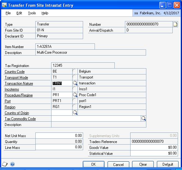 CHAPTER 3 INVENTORY TRANSFERS To enter intrastat information for a dispatch site: 1. Open the Transfer From Site Intrastat Entry window.