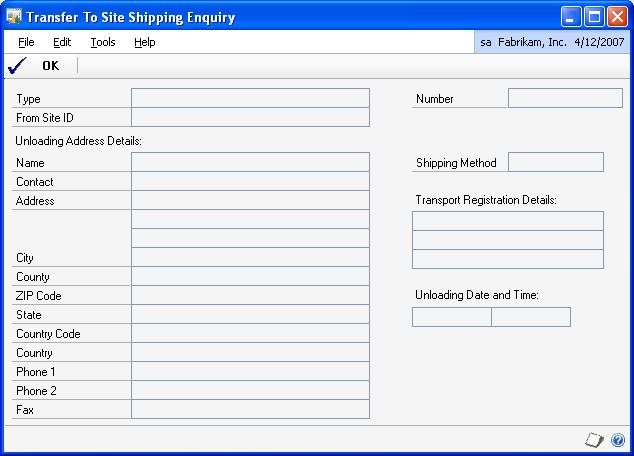 CHAPTER 5 ENQUIRIES AND REPORTS To view the shipping details for a destination site: 1. Open the Transfer To Site Shipping Enquiry window.