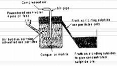 The oil forms a foam (or froth) with air. The ore particles stick to the froth, which rises to the surface; while the rocky, and earthy impurities (gangue) are left in water.