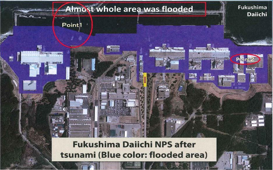 From an aerial photograph of the Fukushima Daiichi Power Station, the flooded areas can be seen in blue.