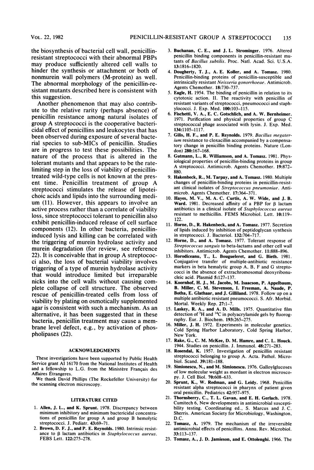 VOL. 22, 1982 the biosynthesis of bacterial cell wall, penicillinresistant streptococci with their abnormal PBPs may produce sufficiently altered cell walls to hinder the synthesis or attachment or