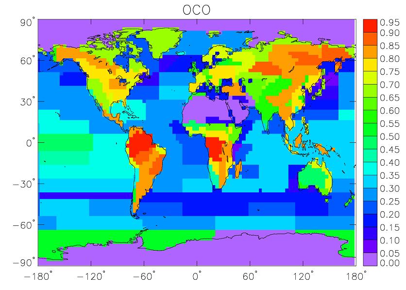 Error Reduction on Weekly Carbon Fluxes Global View Error Reduction, OCO-type performance High values (towards 1) for error reduction indicate that the considered observing system is well suited to