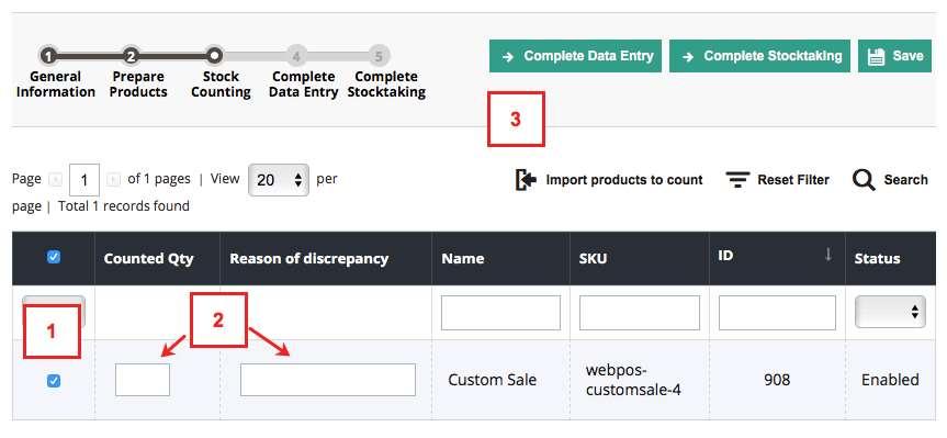 Now status is changed to Verified (1) Select product(s) by marking the checkbox (2) Enter the product quantity that you have recently counted and the reason why there is quantity