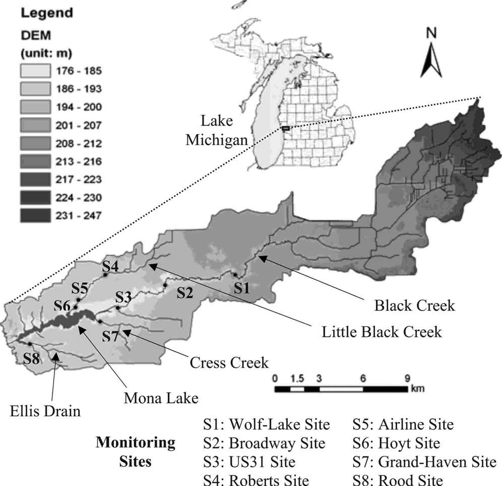 Fig. 1. Location of the Mona Lake watershed nected system of hydrologic and hydraulic components and simulates the surface runoff response of the basin to precipitation USACE-HEC 2006.