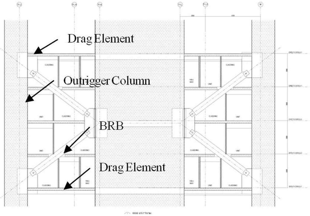 Application of Buckling Restrained Braces in a 50-Storey Building 85 ing walls in the basement were also modeled with elastic linear shell element and surrounding soil was modeled with nonlinear