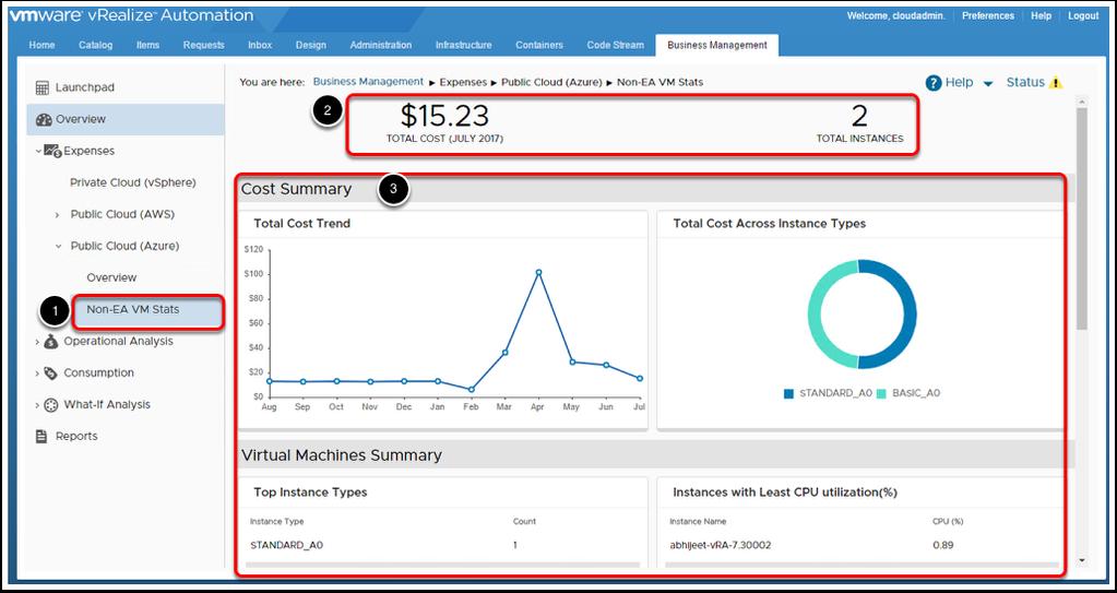 View Azure Non-EA accounts You can similarily see statistics for Non-EA accounts. 1. Click Non-EA VM Stats 2. Header: Displays the total cost for the current month, and the total number of instances.