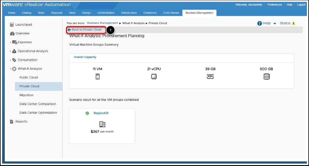 Analyze Procurement Planning Results You see the configuration summary of the virtual machine group and the cost of running the group on each data center that exists in vrealize Business for Cloud.
