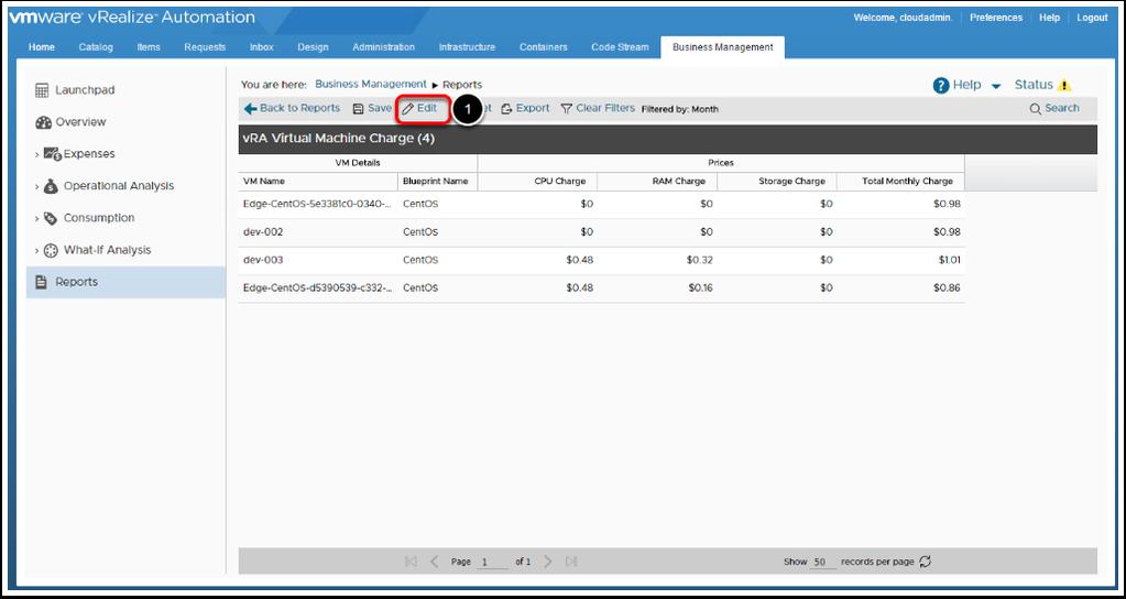 Edit the Report A list of all vrealize Automation managed virtual