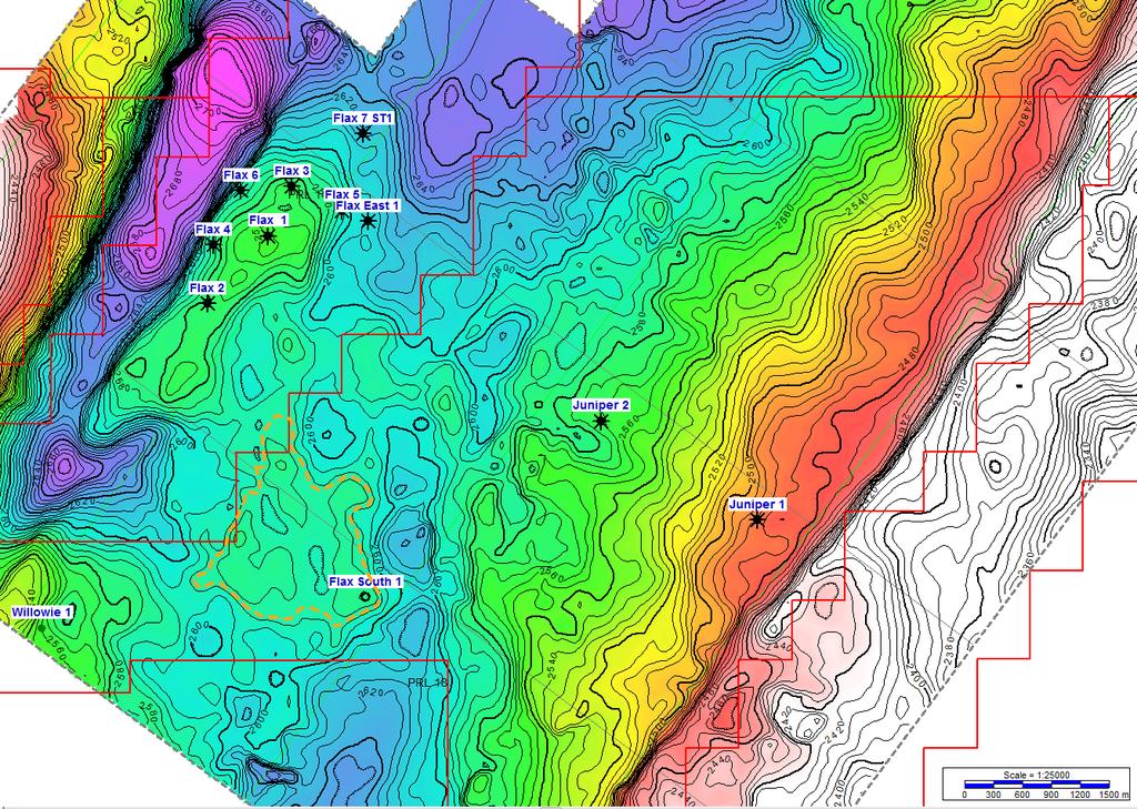 Flax - Juniper 3D: Near Top Tirrawarra Depth Map 3D seismic has identified locations estimated at ~30 metres up