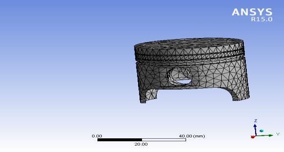 Fig.3.3. Messing of 3D model. 3.5. Analysis of Piston: Frictionless support at pin bore areas and fixed all degree of freedom. Downward pressure (18.66 MPa) due to gas load acting on piston head.
