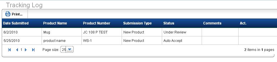 The Tracking Log shows the date your product changes were submitted, the name of the product