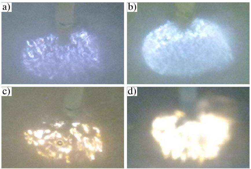 Figure 3.8- Appearance of micro-discharges during PEO; (a) C8 after 4 min, (b) C2 after 4 min, (c) C8 after 28 min, (d) C2 after 28 min 3.3.3 Coating Thickness Thickness measurements (Figure 3.