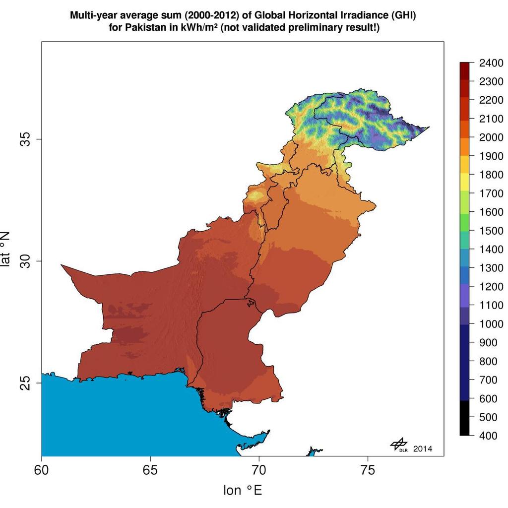 Barriers Sialkot has good conditions for solar energy, costs for a grid-scale solar power plant are prohibitive Multi-year average sum (2000-2012) of Global Horizontal Irradiance (GHI) for Pakistan