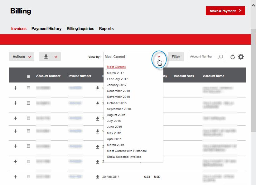 View By You can view the most recent invoices, historical invoices, or search by account number. Figure 6 Filter Invoices Select a recently viewed invoice from the View by drop-down list.
