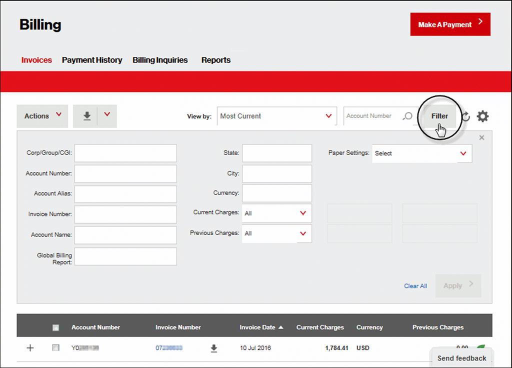 Filter Invoices You can filter invoices by different account variables. 1. Click Filter at the top of the screen.