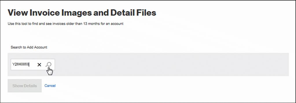 View Invoice Images and Detail Files 1. Enter an account number. Figure 19 View Invoice Images and Detail Files 2. Click.