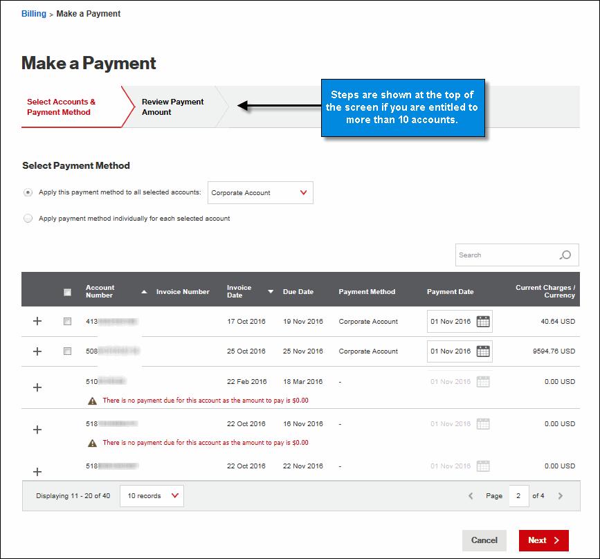 Entitled to More Than 10 Accounts If you are entitled to more than 10 accounts you will see steps at the top of the Make a Payment screen.