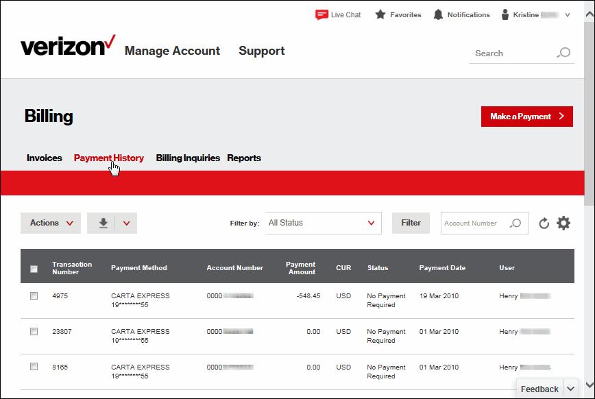 Payment History You can view previous payments from any page in the Billing tool. You have the same functions that you have when viewing invoices.