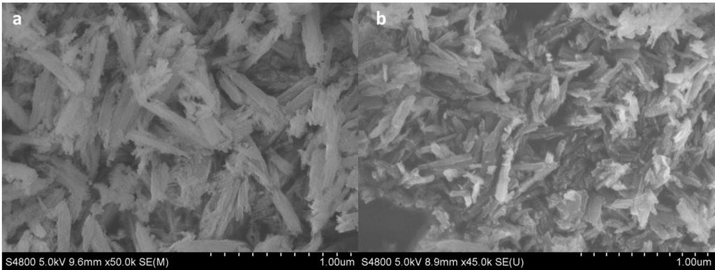 Figure S14. SEM images of fresh Fe 1.1 Co 1.9 O 4 sample (a) and recovered Fe 1.1 Co 1.9 O 4 sample (b).