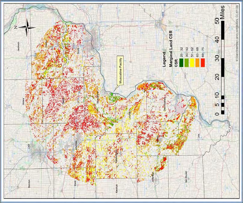 Marginal Land Corn Suitability Rating between 25 and 75 Slope less than 12%