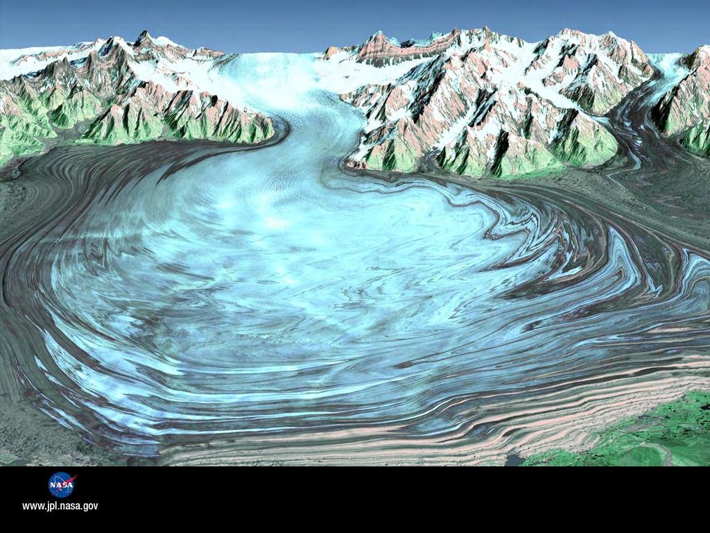 Plastic Flow - Ice Malaspina Glacier, combining Landsat and Shuttle