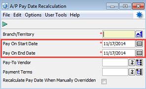 Rel. 9.0 Release 9.0 Enhancement Description In Release 9.0, the A/P Pay Date Reconciliation utility driver has been enhanced to include new Pay On Start Date and Pay On End Date fields.