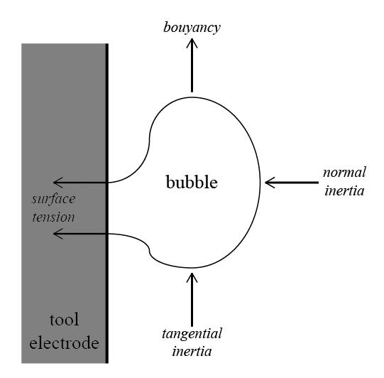 4.3.2 Bubble departure As described above, bubbles are generated on the tool electrode during electrolysis. As the bubbles grow, the force balance is broken once a threshold size is reached.