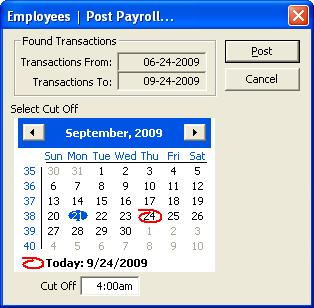 2.23 - Post Payroll This window allows you to archive time clock and employee information through the date specified.