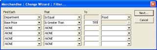 Filter Criteria The Filter window allows you to define up to 6 conditions which all must be meet for the filter to run on a specific merchandise item.