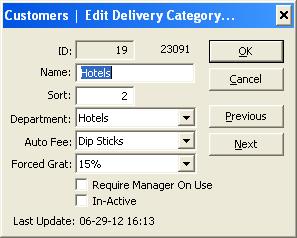 Edit This window lets you modify the currently highlighted Delivery Category.