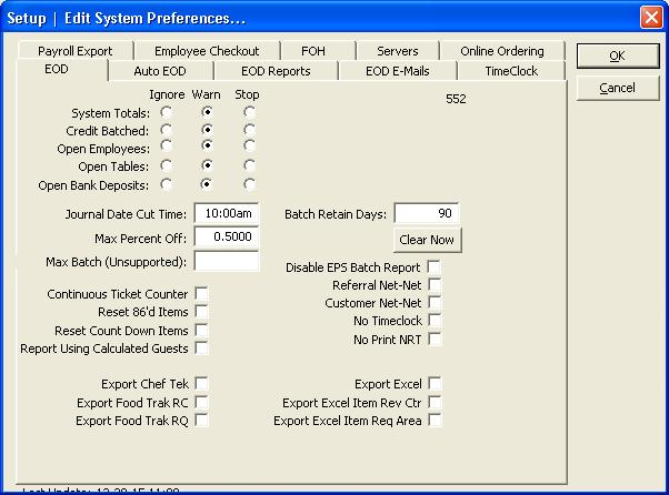5.2 - System Preferences This window lets you modify the preferences for End of Day, time clock, and various system components. EOD Tab This window lets you edit the preferences for End of Day.