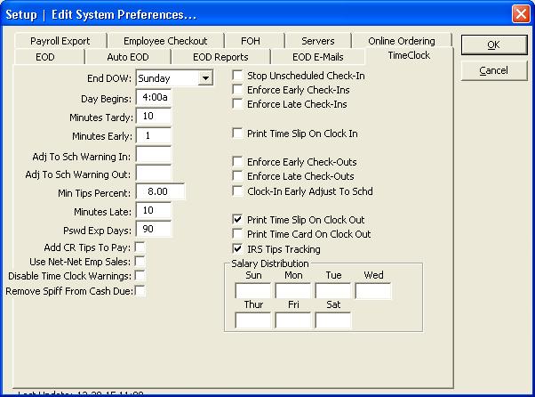 Time Clock This window lets you setup preferences used when clocking employees in and out of the system as well as printing payroll reports.
