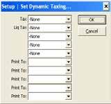 5.21 - Set Dynamic Taxing Allows a manager to quickly change the tax category of a tax department, The tax departments are on the left and the tax categories can be chosen from the drop down menus.