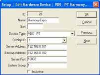 Edit VDS - PT (Harmony) ID - Name - Sort - Device Type - Display ID - Server Address - Backup Address - Server Port - System Group - In-Active - OK - Cancel - Previous - Next - The Identifying number